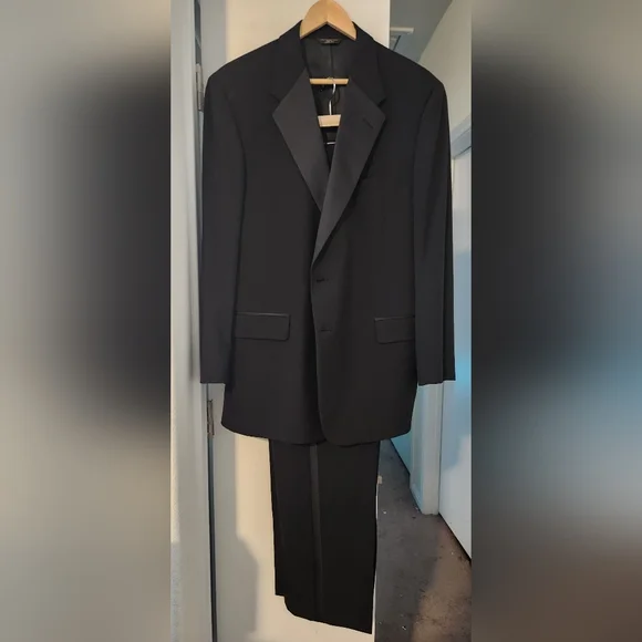 Chaps Ralph Lauren Black Tuxedo Jacket 42L Pants 35 X 30 Satin Lapels & Stripes